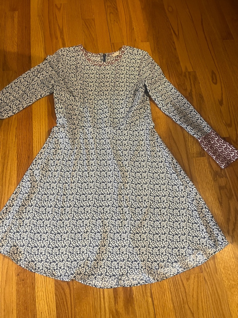Loft Navy and White Floral Long-Sleeve Dress